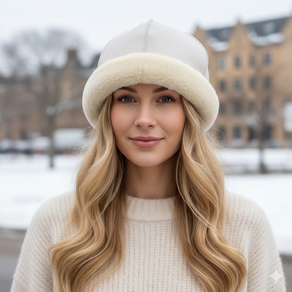 SHEARLING CREAM Shearling Sheepskin Winter Fur Women Hat